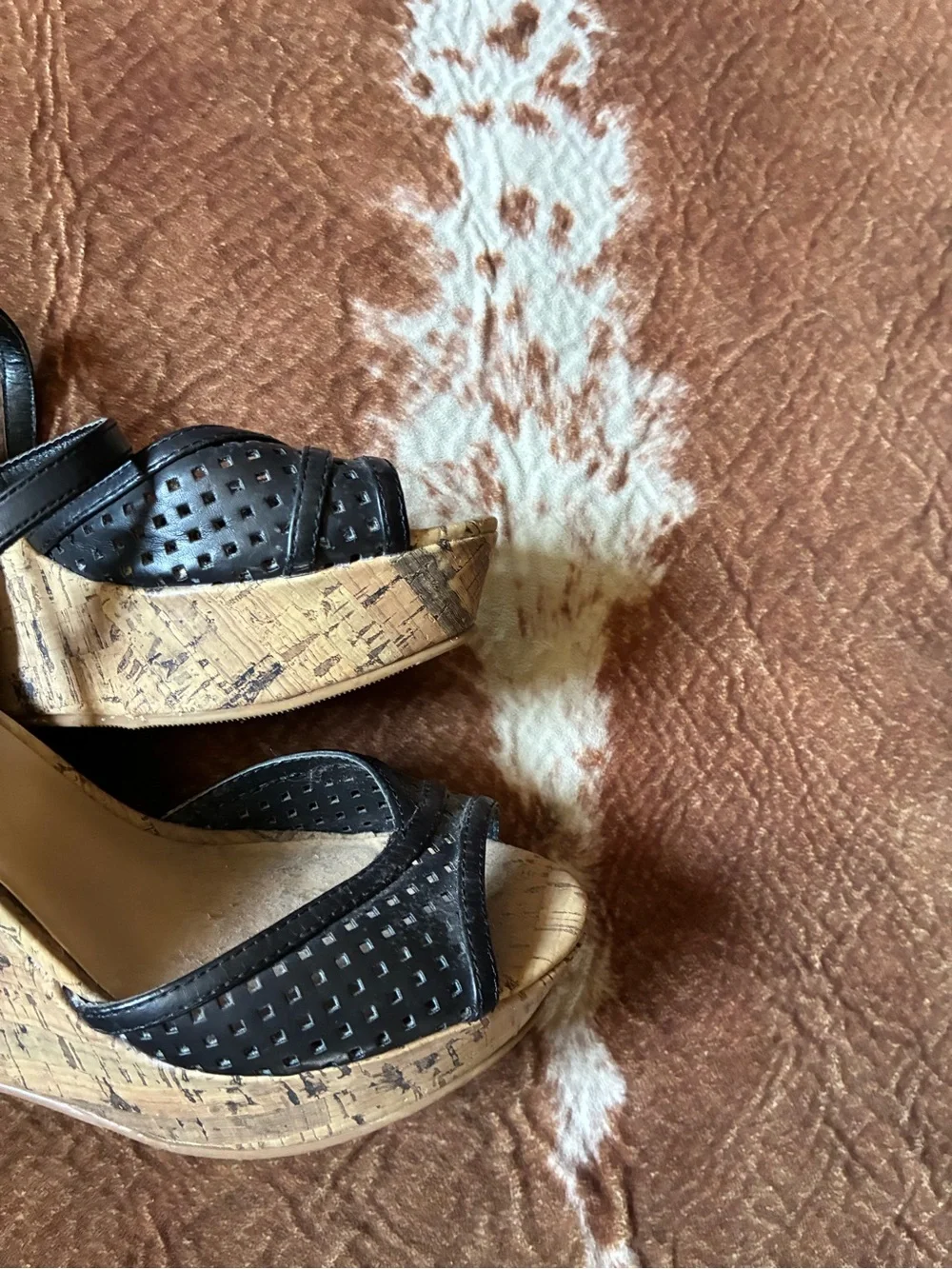 Arizona Jean Company Black Cork Wedge Sandals with Perforated Toe